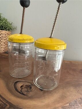 2- Vintage Hazel Atlas Mason Glass Metal Nut Food Chopper Yellow
